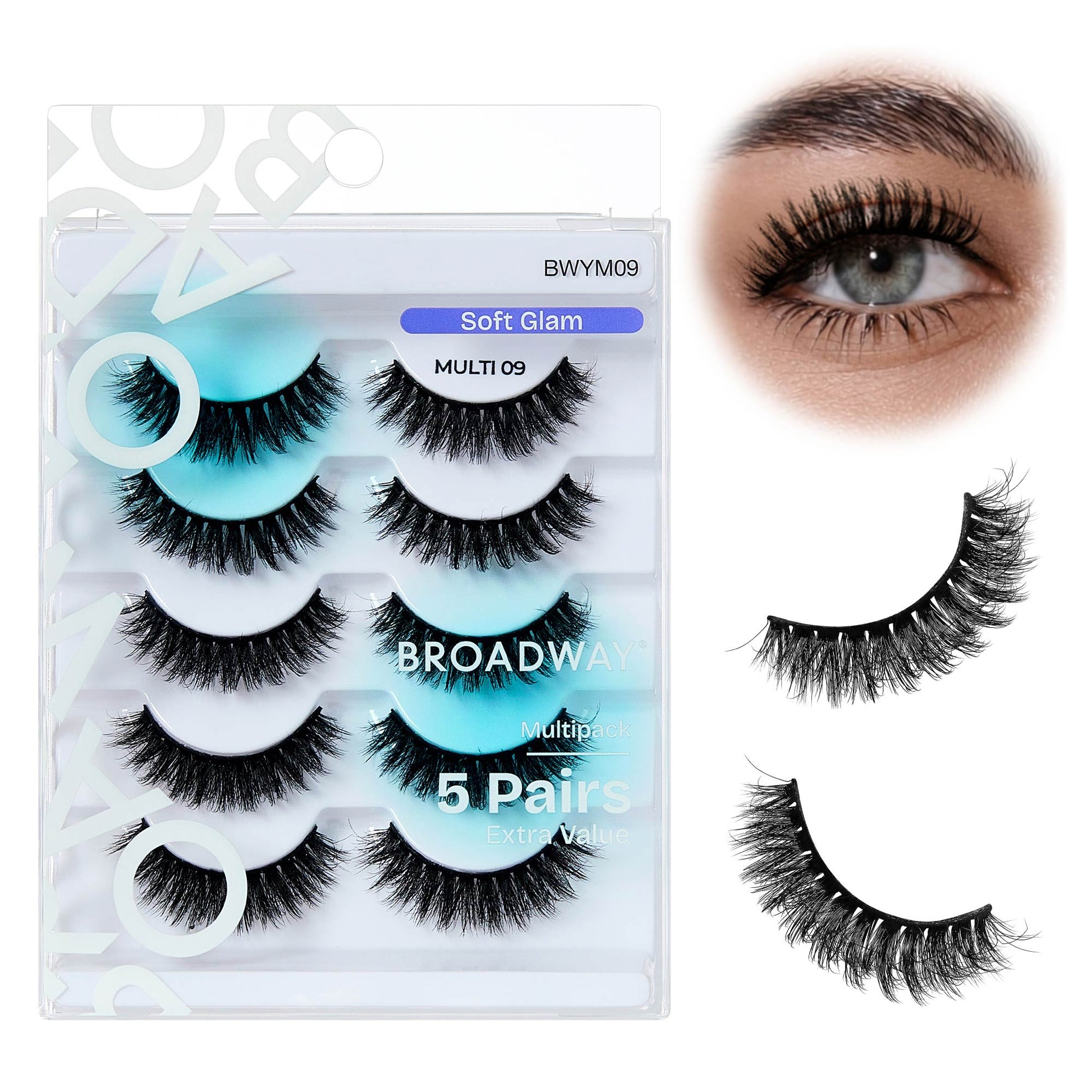 BWYM09_main "Broadway False Lashes Multipack - Faux Mink Wispy Volume Strip Eyelashes in Soft Glam / #09, main product view."