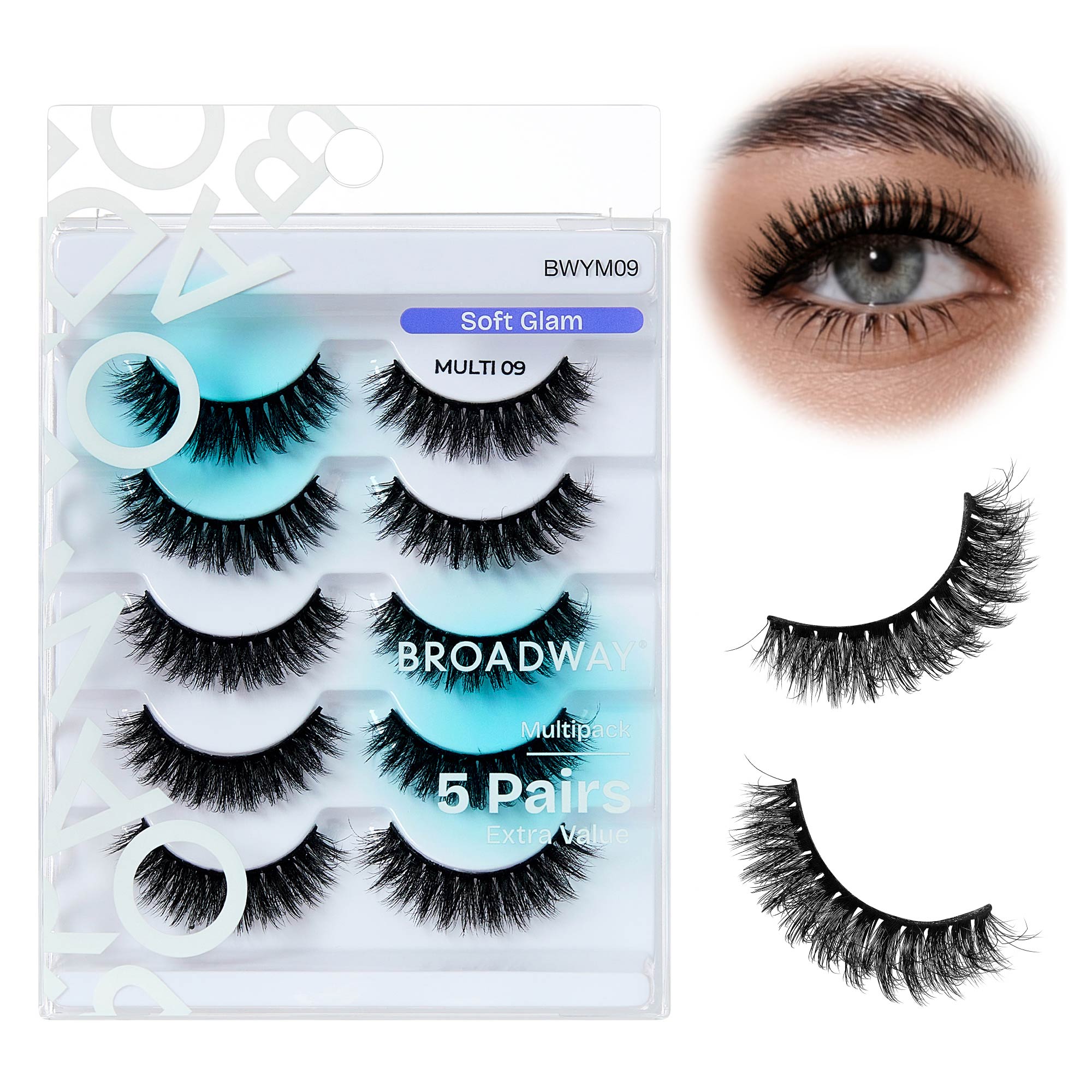 BWYM09_main "Broadway False Lashes Multipack - Faux Mink Wispy Volume Strip Eyelashes in Soft Glam / #09, main product view."