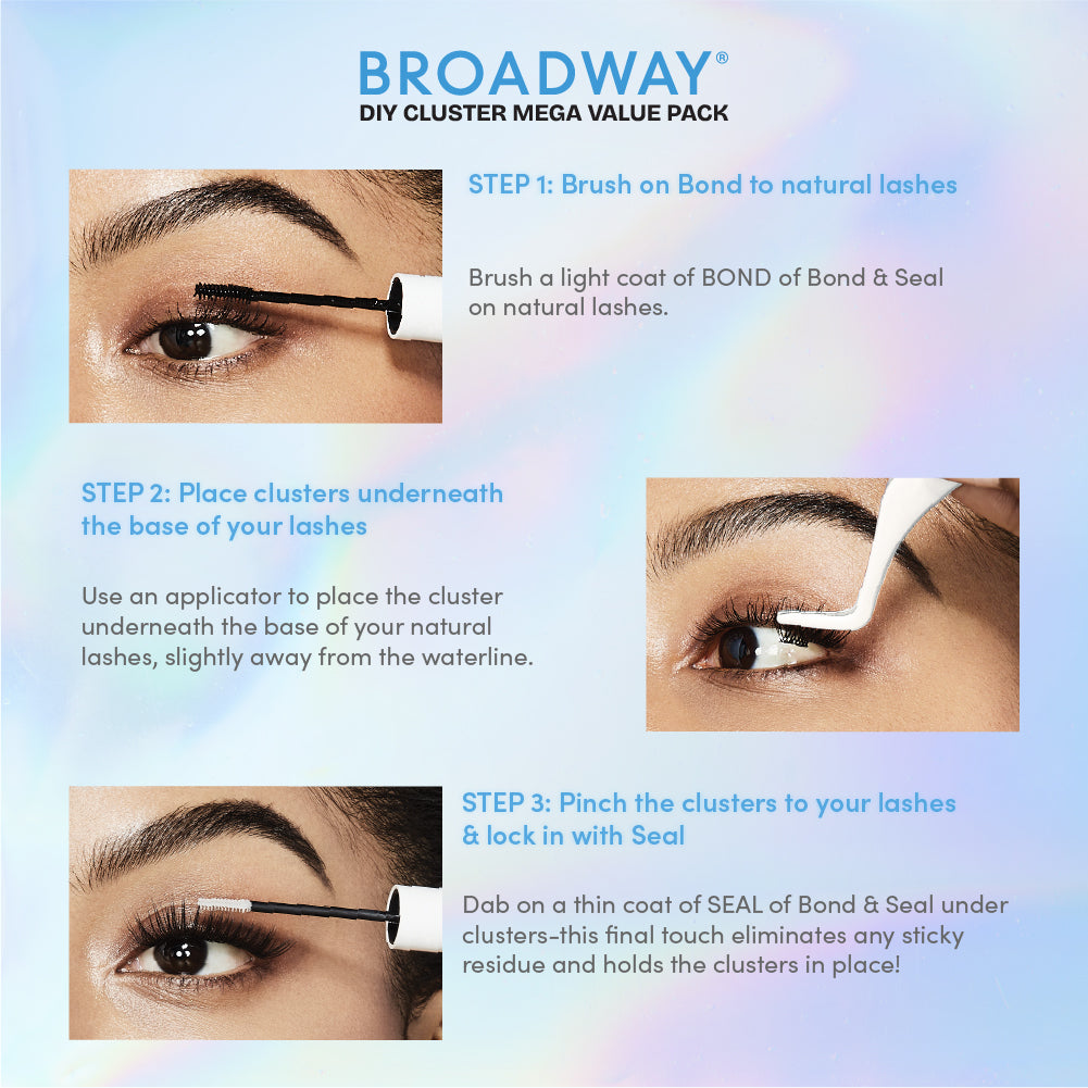 displayall_image_007 "Broadway DIY Lash Clusters Mega Pack - 9-16mm Assorted Individual Lash Extensions, how-to-use graphic."