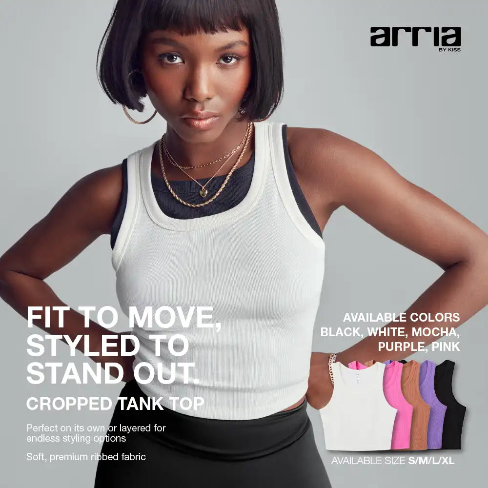 displayall_003 "Arria Ribbed Crop Tank Top – Women’s Soft Slim Fit Scoop Neck Sleeveless Shirt product view."