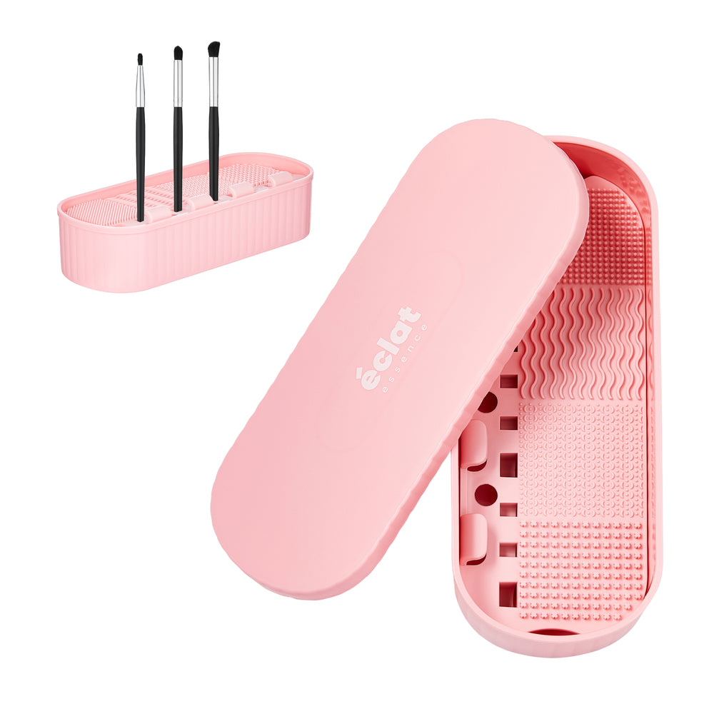 4-in-1 Makeup Brush Cleaner Mat & Organizer Case - Portable Deep Cleaning Bowl, Drying Rack & Cosmetic Tool Storage for Brushes, Sponges & Puffs__Pink