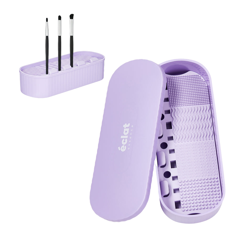 4-in-1 Makeup Brush Cleaner Mat & Organizer Case - Portable Deep Cleaning Bowl, Drying Rack & Cosmetic Tool Storage for Brushes, Sponges & Puffs__Purple