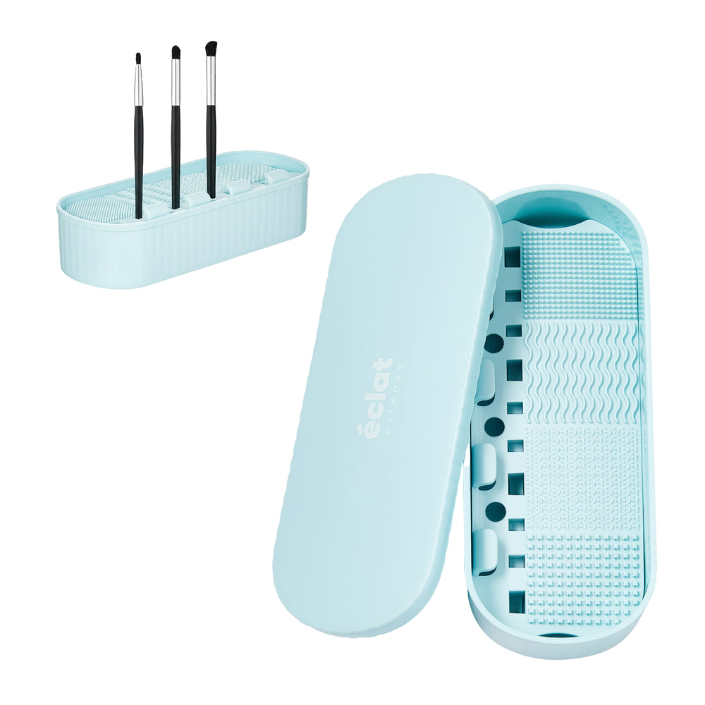 4-in-1 Makeup Brush Cleaner Mat & Organizer Case - Portable Deep Cleaning Bowl, Drying Rack & Cosmetic Tool Storage for Brushes, Sponges & Puffs__Blue