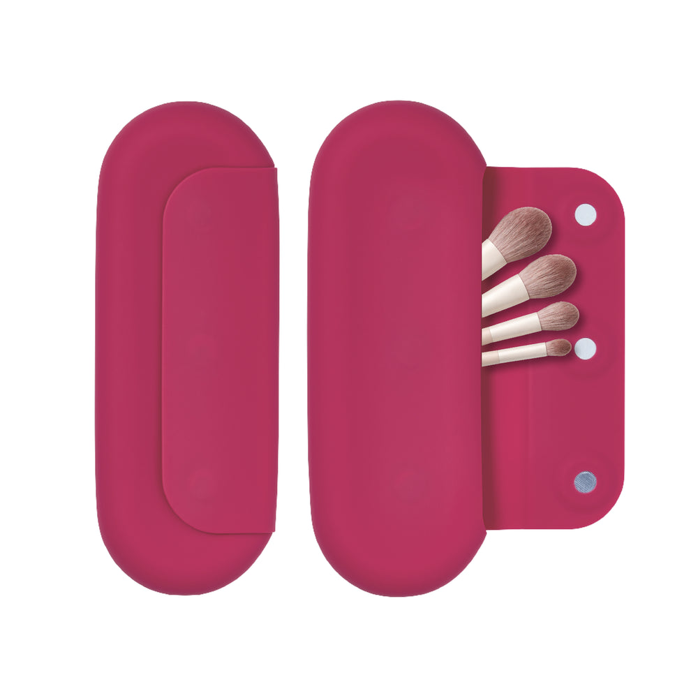 Silicone Makeup Brush Travel Holder 3-in-1 Magnetic Pouch & Cleaner Mat__Pink