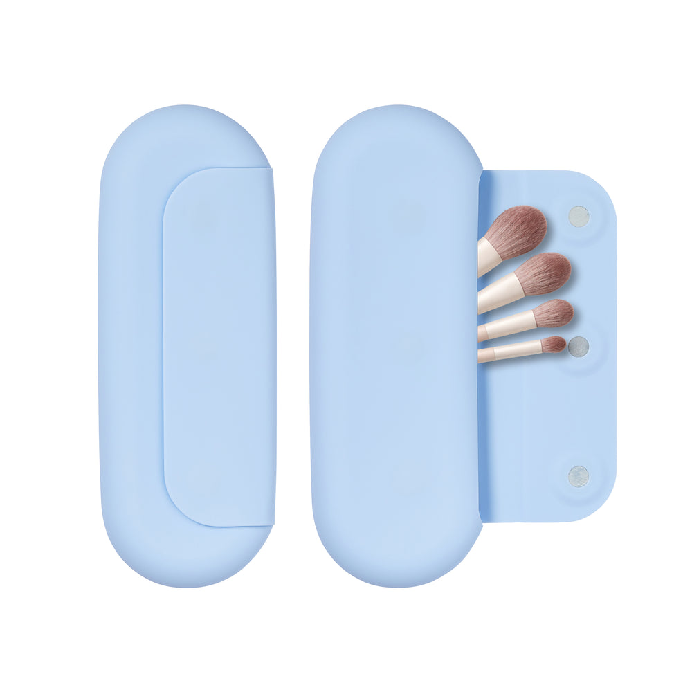 Silicone Makeup Brush Travel Holder 3-in-1 Magnetic Pouch & Cleaner Mat__Blue