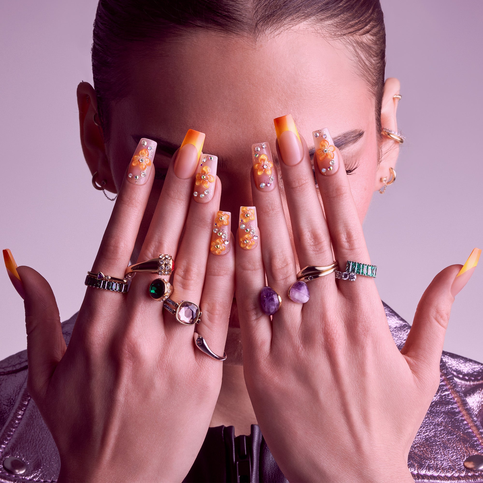 Glitzy 3D Handmade Press-On Nails – Orange Blossom & French Tip (Long Square)