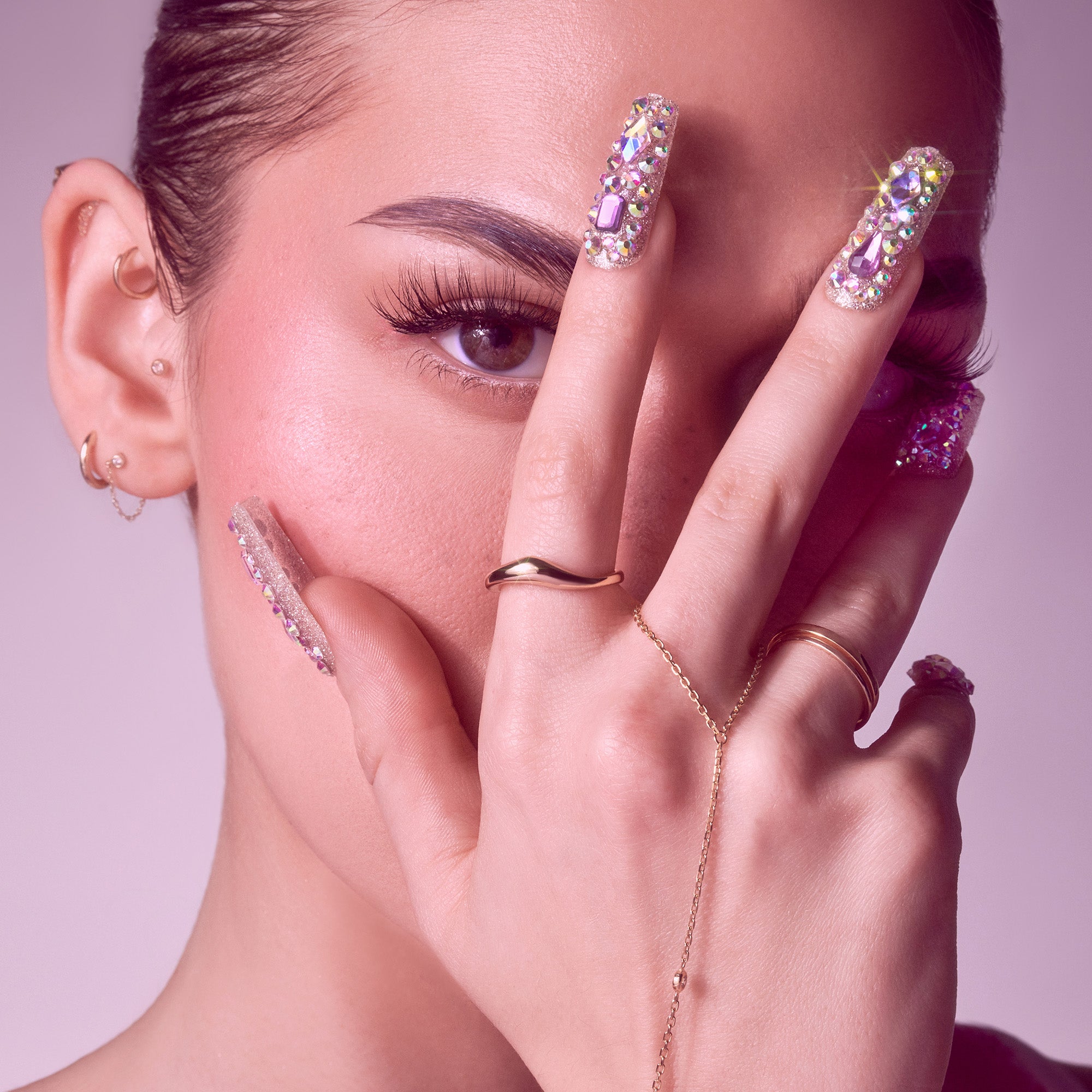 Glitzy 3D Handmade Press-On Nails – Pink & Purple Jewel Encrusted (X-Long Square)