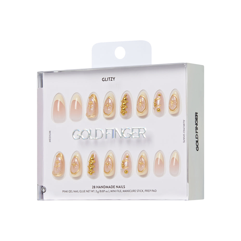 Gold Finger Glitzy 3D Press-On Nails in Ornate – Medium Almond Fake Nails with Gold Celestial Rhinestones, Long Lasting Luxury Glue On Nails, 28 Pc Kit product view.