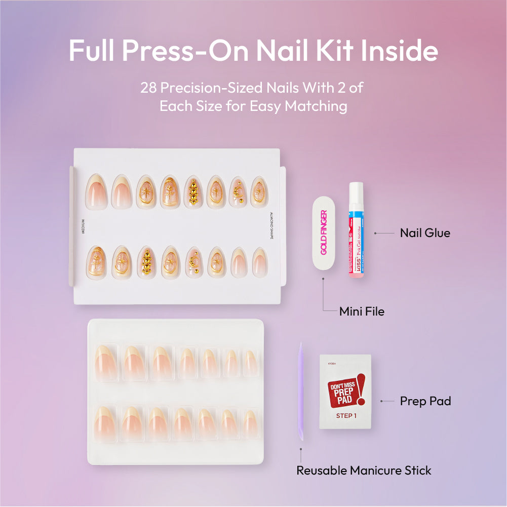 Gold Finger Glitzy 3D Press-On Nails in Ornate – Medium Almond Fake Nails with Gold Celestial Rhinestones, Long Lasting Luxury Glue On Nails, 28 Pc Kit product view.
