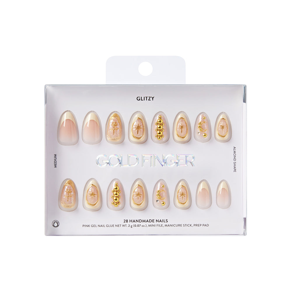 Gold Finger Glitzy 3D Press-On Nails in Ornate – Medium Almond Fake Nails with Gold Celestial Rhinestones, Long Lasting Luxury Glue On Nails, 28 Pc Kit, package front.
