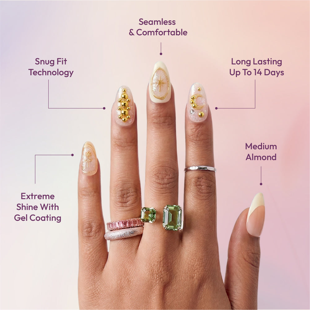 Gold Finger Glitzy 3D Press-On Nails in Ornate – Medium Almond Fake Nails with Gold Celestial Rhinestones, Long Lasting Luxury Glue On Nails, 28 Pc Kit product view.