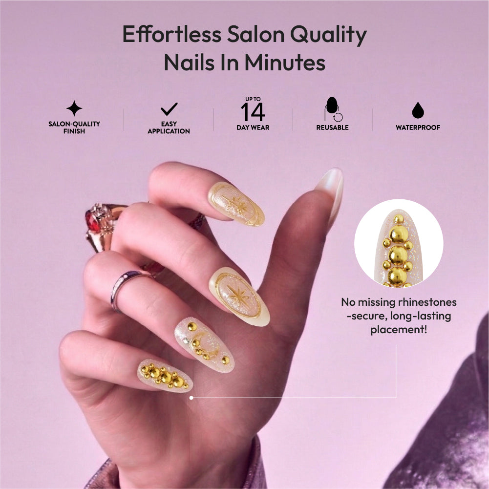 Gold Finger Glitzy 3D Press-On Nails in Ornate – Medium Almond Fake Nails with Gold Celestial Rhinestones, Long Lasting Luxury Glue On Nails, 28 Pc Kit product view.