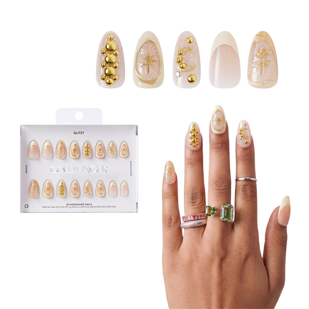 Gold Finger Glitzy 3D Press-On Nails in Ornate – Medium Almond Fake Nails with Gold Celestial Rhinestones, Long Lasting Luxury Glue On Nails, 28 Pc Kit, main product view.