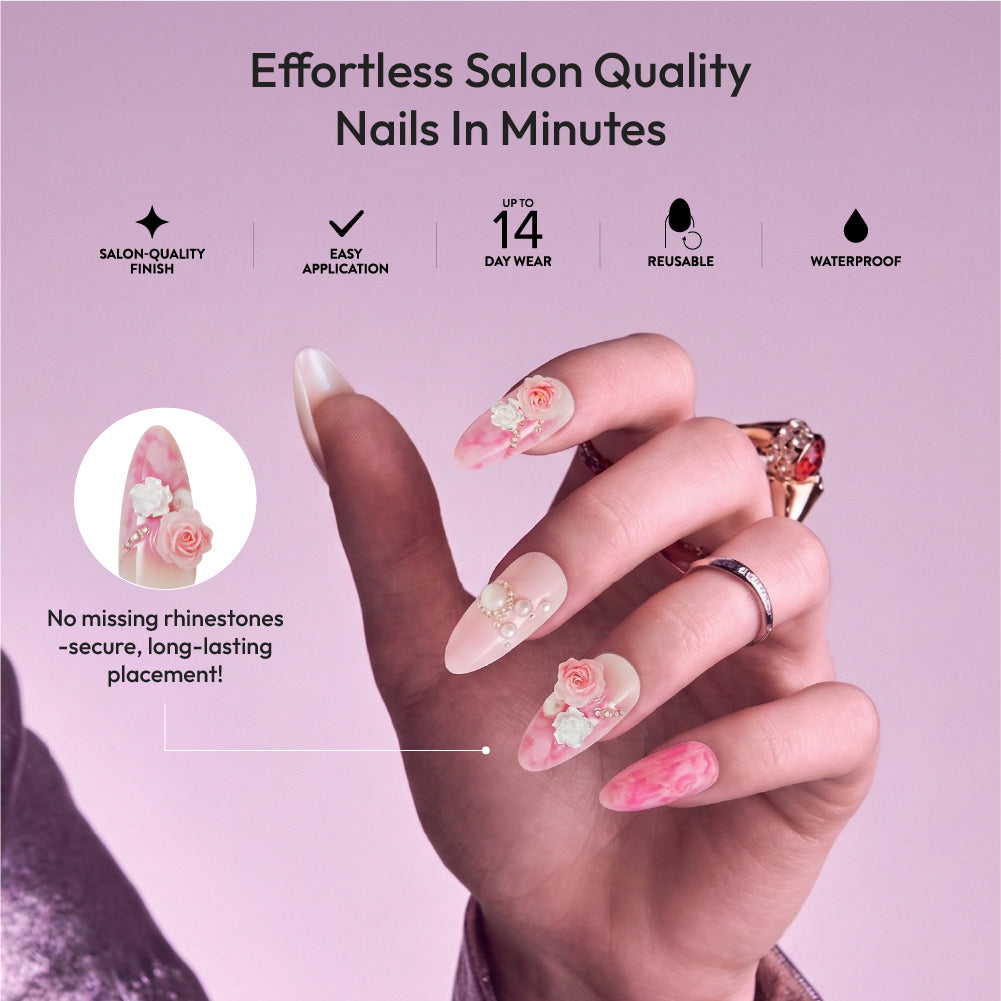 Gold Finger Glitzy 3D Press-On Nails in Five Star – Long Almond Fake Nails, Pink Marble & 3D Roses, Luxury Glue On Nails, 28 Pc Kit product view.