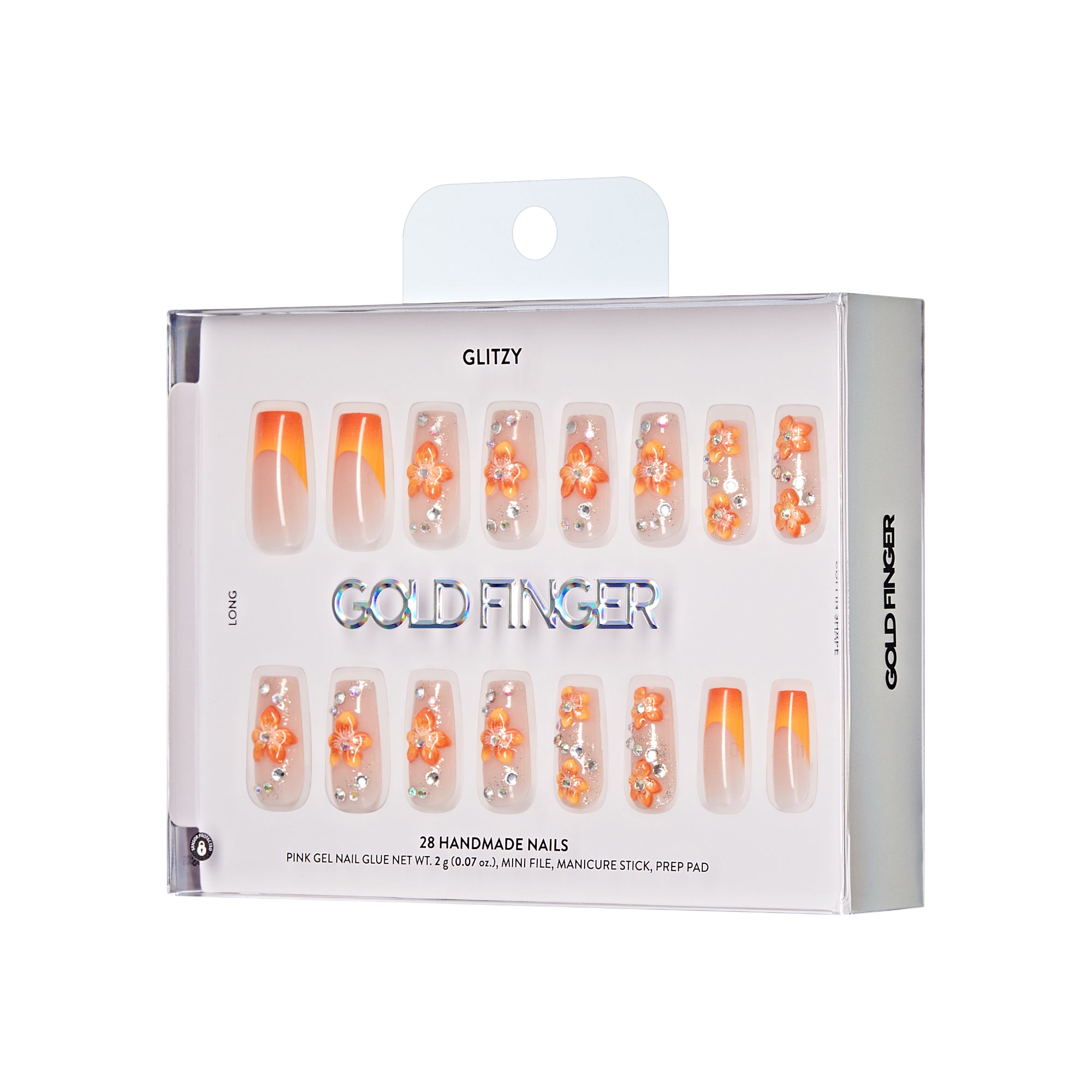Glitzy 3D Handmade Press-On Nails – Orange Blossom & French Tip (Long Square)