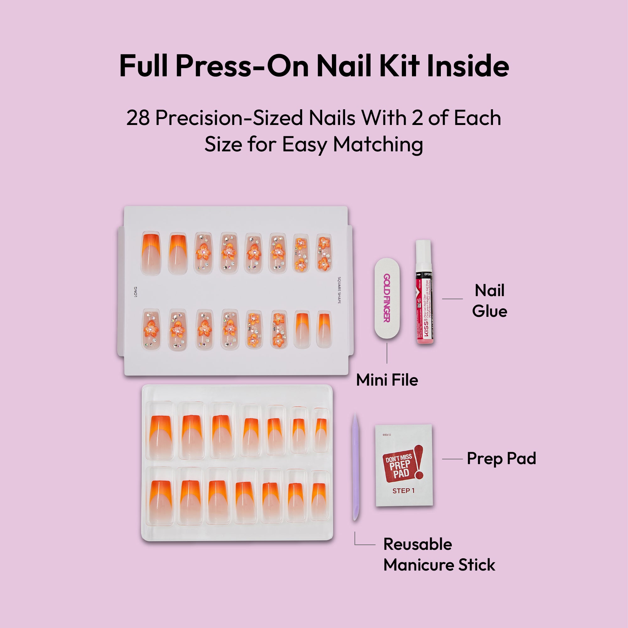 Glitzy 3D Handmade Press-On Nails – Orange Blossom & French Tip (Long Square)
