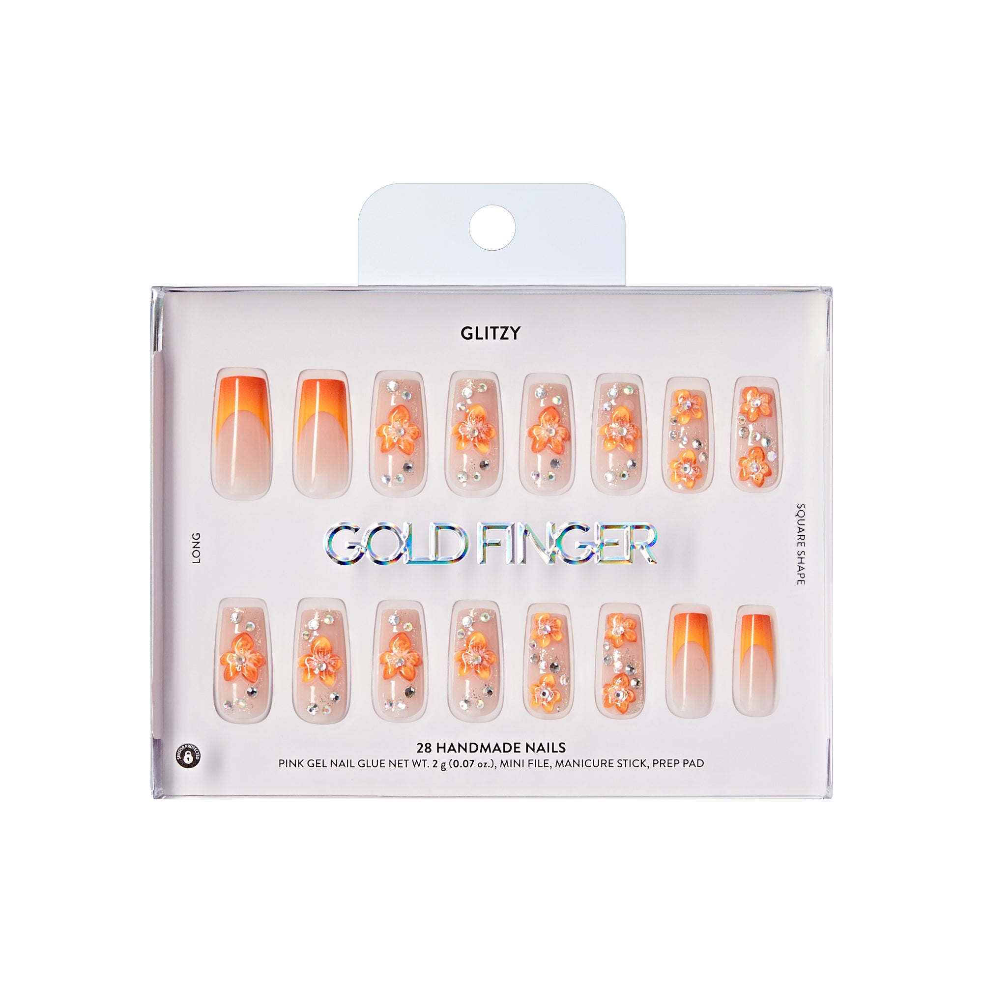 Glitzy 3D Handmade Press-On Nails – Orange Blossom & French Tip (Long Square)
