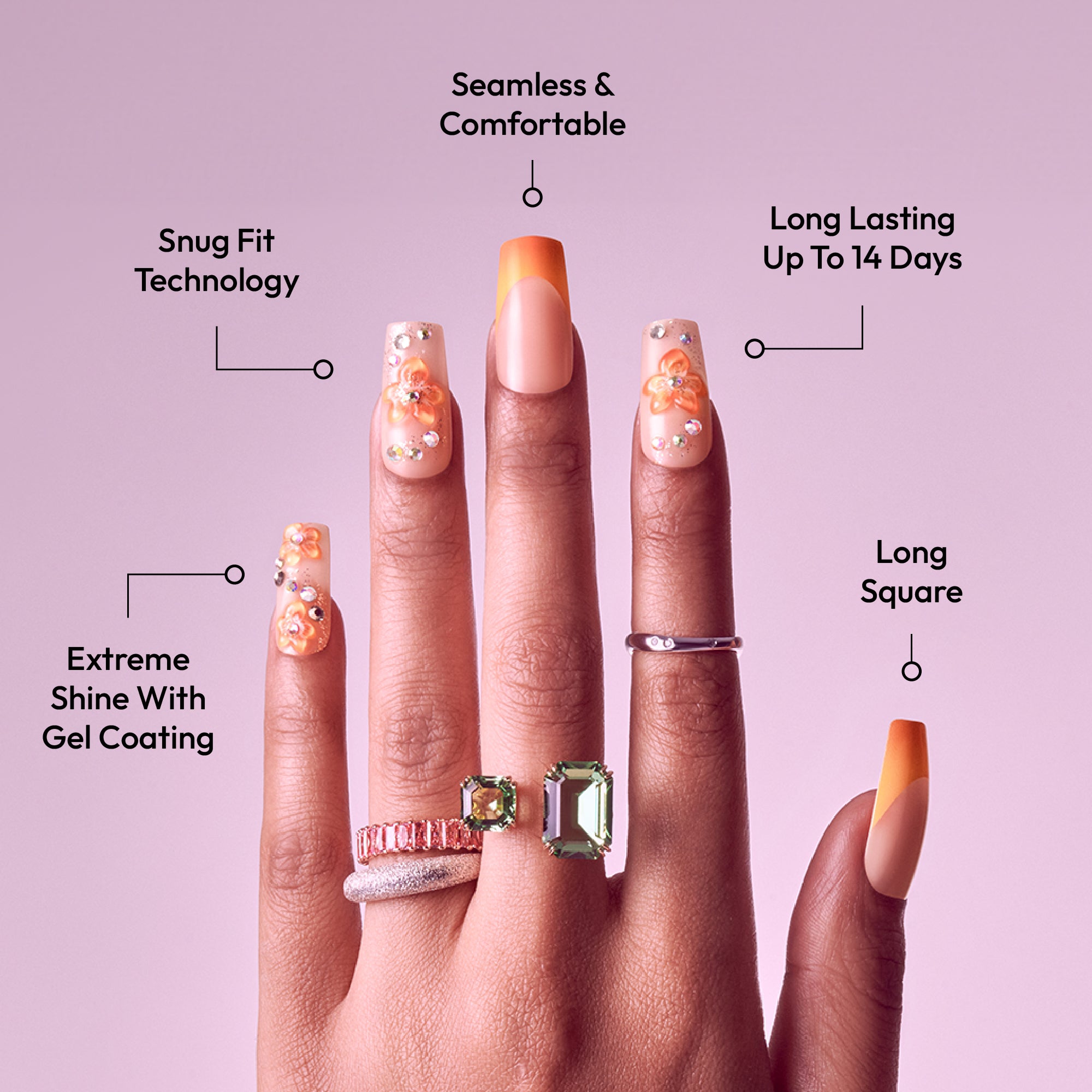 Glitzy 3D Handmade Press-On Nails – Orange Blossom & French Tip (Long Square)