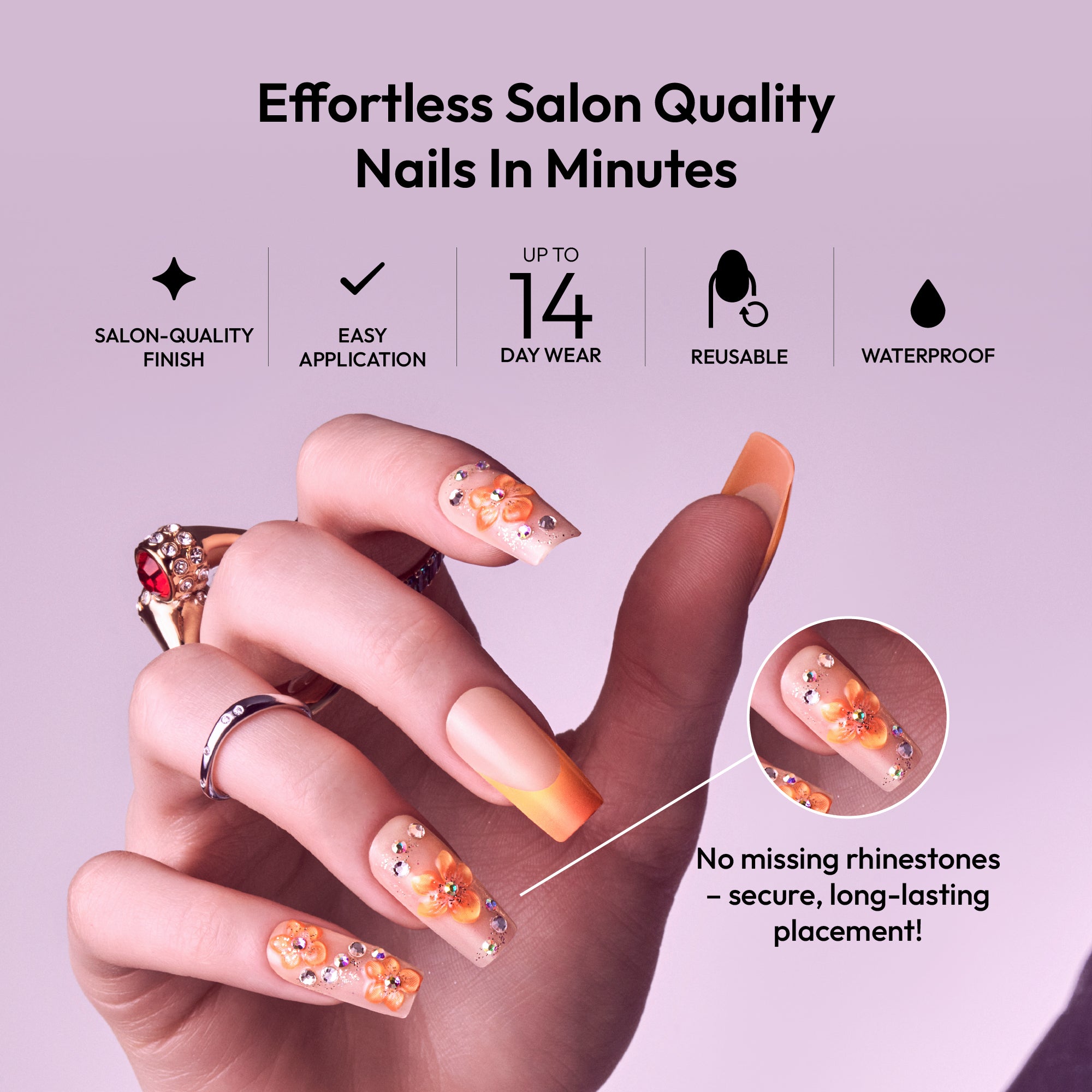 Glitzy 3D Handmade Press-On Nails – Orange Blossom & French Tip (Long Square)