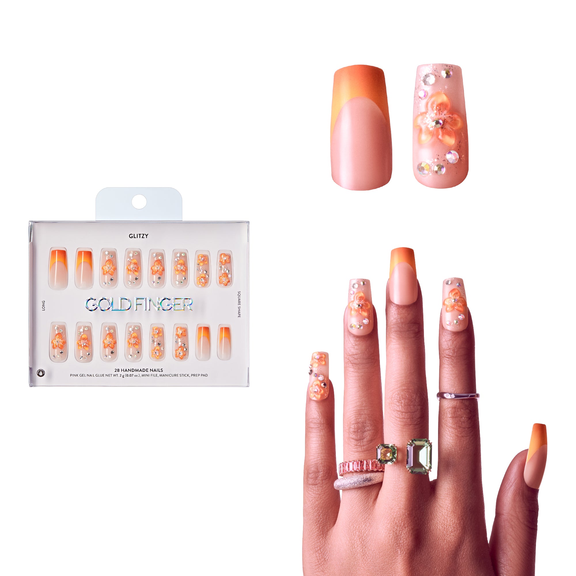 Glitzy 3D Handmade Press-On Nails – Orange Blossom & French Tip (Long Square)