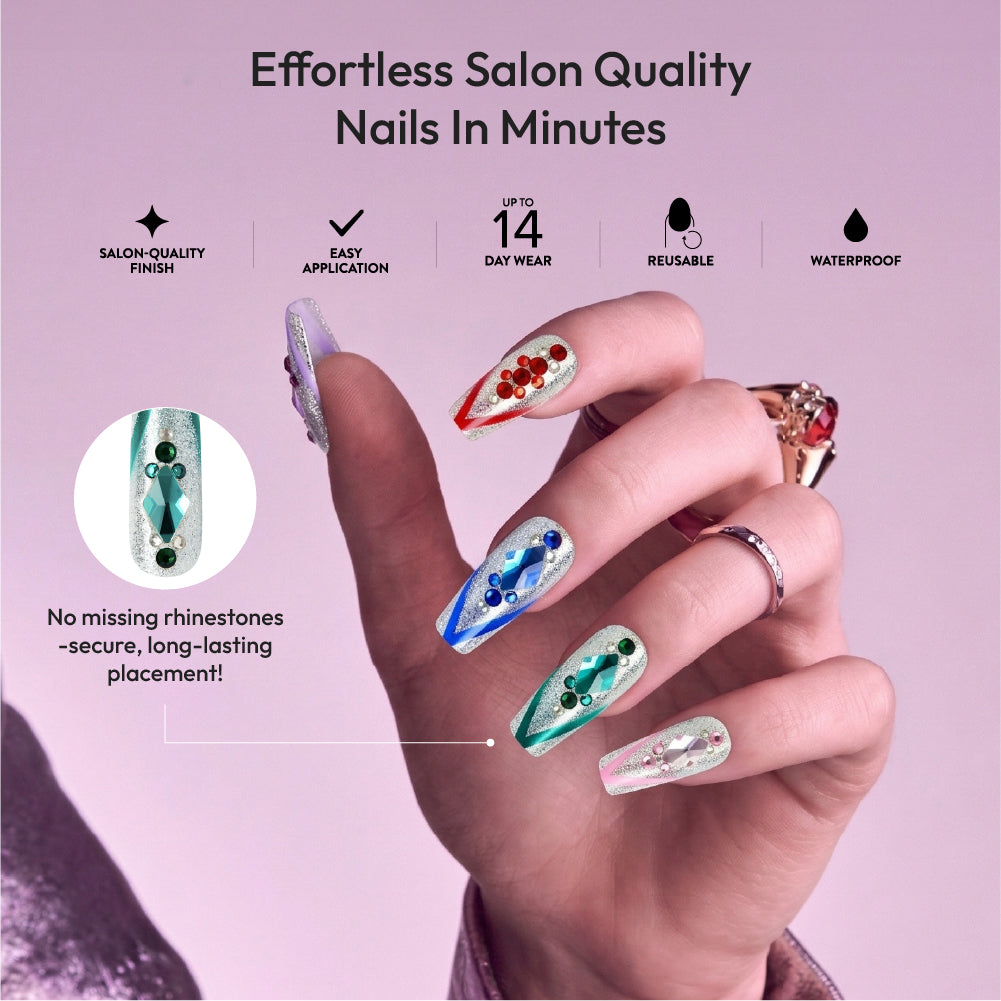 Gold Finger Glitzy 3D Press-On Nails in Precious – X-Long Square Fake Nails, Silver Glitter with Multi-Colored Jewels, Luxury Glue On Nails, 28 Pc Kit product view.