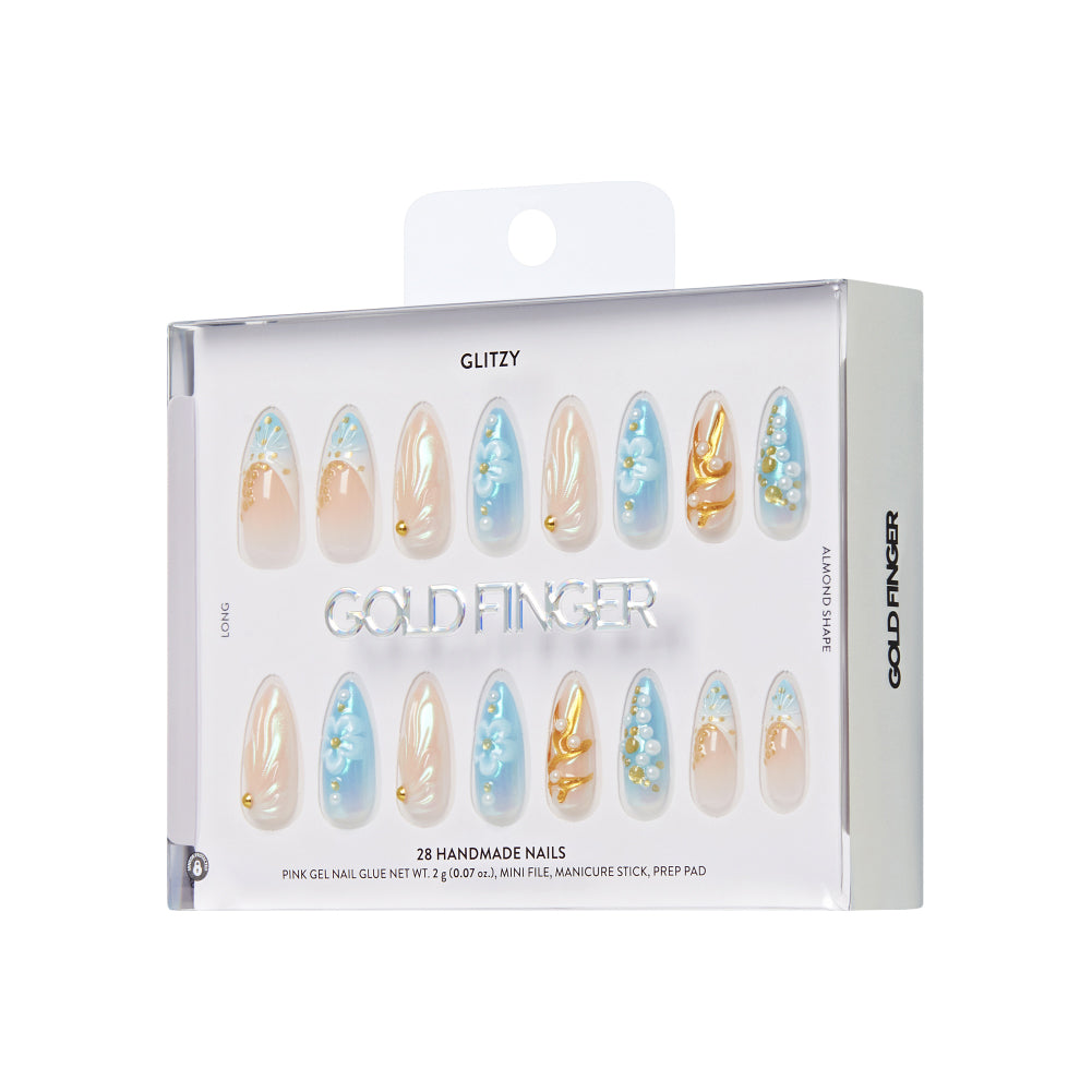 Gold Finger Glitzy 3D Press-On Nails in Courtly – Long Almond Fake Nails, Blue Floral & Gold French with Pearls, Luxury Glue On Nails, 28 Pc Kit product view.