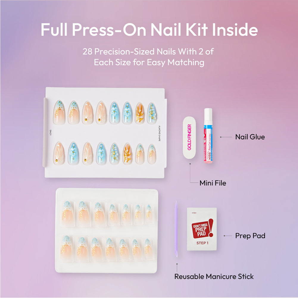 Gold Finger Glitzy 3D Press-On Nails in Courtly – Long Almond Fake Nails, Blue Floral & Gold French with Pearls, Luxury Glue On Nails, 28 Pc Kit product view.