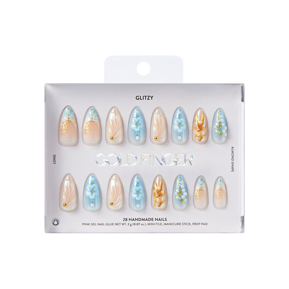 Gold Finger Glitzy 3D Press-On Nails in Courtly – Long Almond Fake Nails, Blue Floral & Gold French with Pearls, Luxury Glue On Nails, 28 Pc Kit, package front.