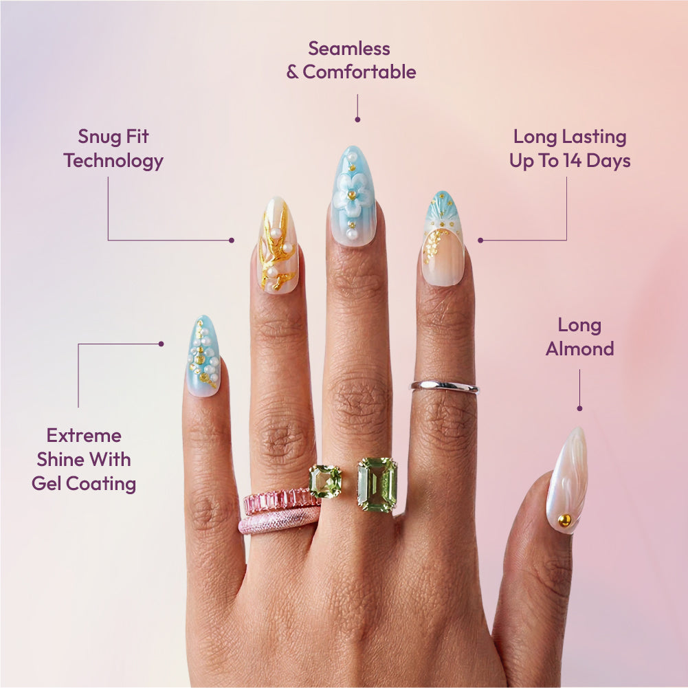 Gold Finger Glitzy 3D Press-On Nails in Courtly – Long Almond Fake Nails, Blue Floral & Gold French with Pearls, Luxury Glue On Nails, 28 Pc Kit product view.