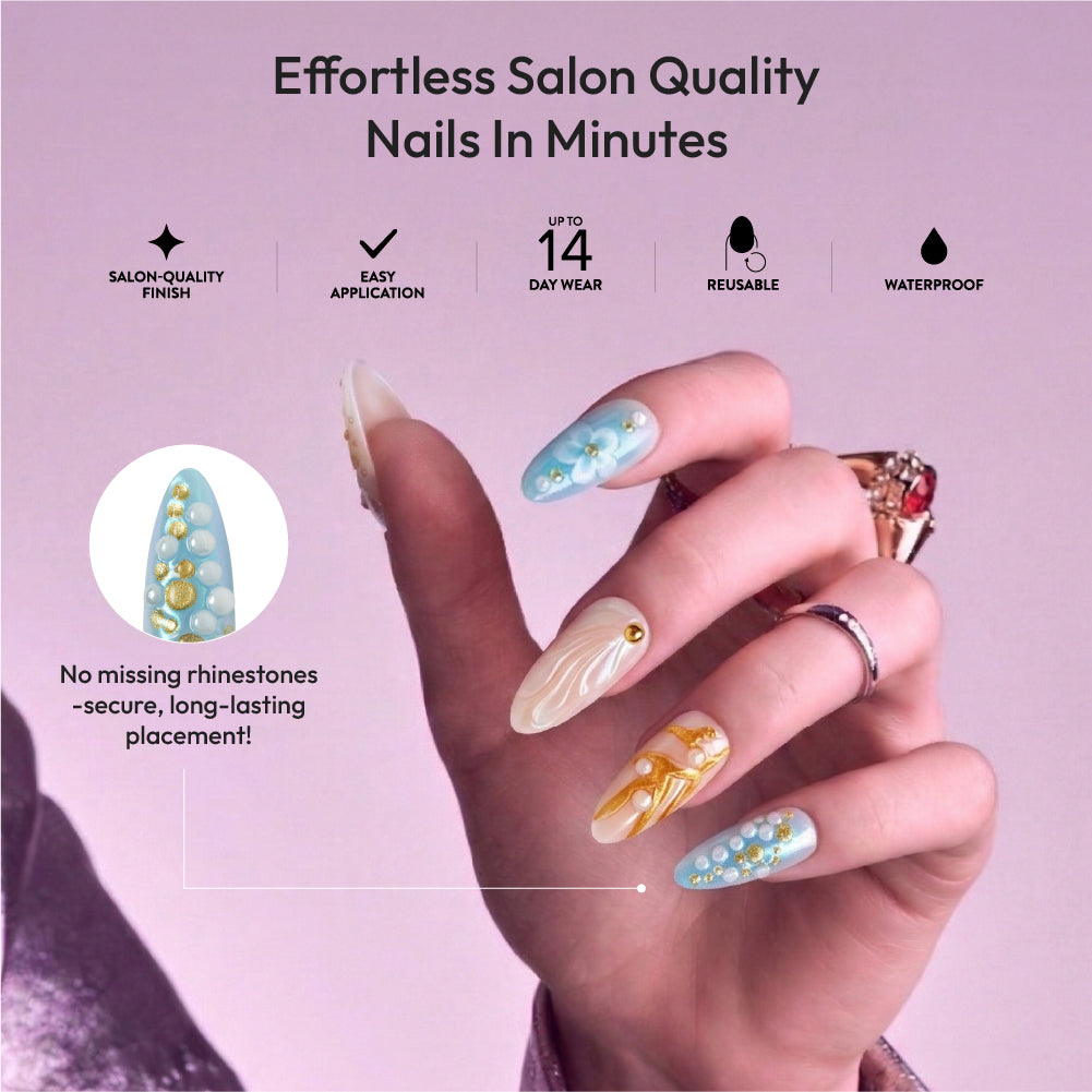Gold Finger Glitzy 3D Press-On Nails in Courtly – Long Almond Fake Nails, Blue Floral & Gold French with Pearls, Luxury Glue On Nails, 28 Pc Kit product view.