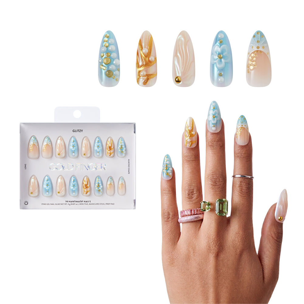 Gold Finger Glitzy 3D Press-On Nails in Courtly – Long Almond Fake Nails, Blue Floral & Gold French with Pearls, Luxury Glue On Nails, 28 Pc Kit, main product view.