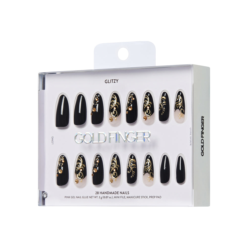 Gold Finger Glitzy 3D Press-On Nails in Kindly – Long Oval Fake Nails, Black & Gold Filigree with Rhinestones, Luxury Glue On Nails, 28 Pc Kit product view.