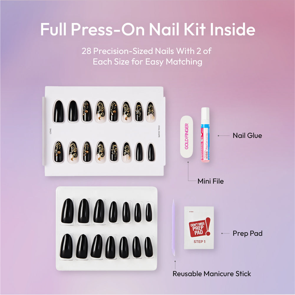 Gold Finger Glitzy 3D Press-On Nails in Kindly – Long Oval Fake Nails, Black & Gold Filigree with Rhinestones, Luxury Glue On Nails, 28 Pc Kit product view.