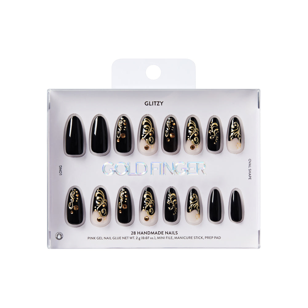 Gold Finger Glitzy 3D Press-On Nails in Kindly – Long Oval Fake Nails, Black & Gold Filigree with Rhinestones, Luxury Glue On Nails, 28 Pc Kit, package front.