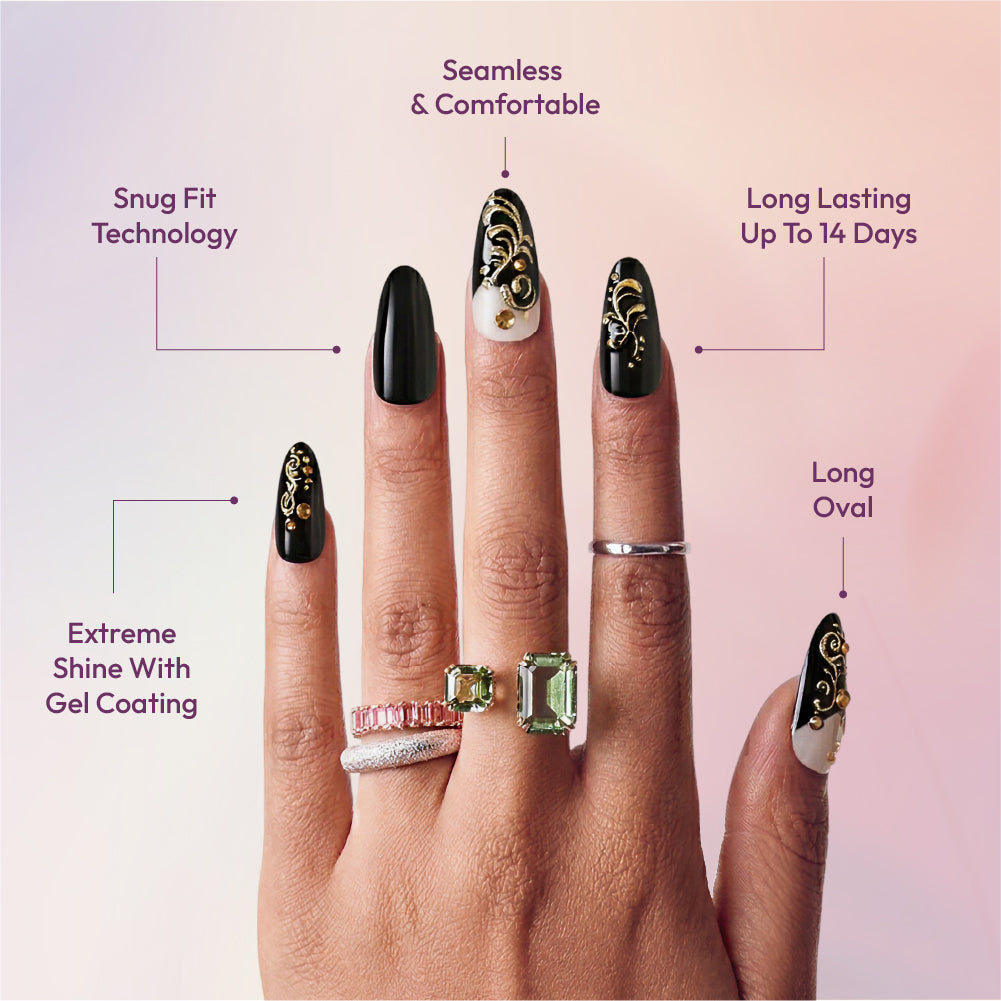 Gold Finger Glitzy 3D Press-On Nails in Kindly – Long Oval Fake Nails, Black & Gold Filigree with Rhinestones, Luxury Glue On Nails, 28 Pc Kit product view.