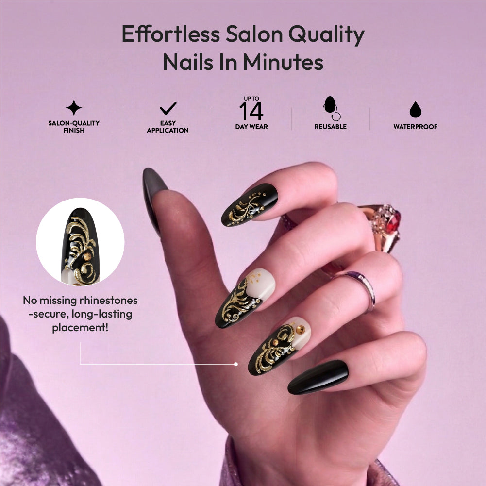 Gold Finger Glitzy 3D Press-On Nails in Kindly – Long Oval Fake Nails, Black & Gold Filigree with Rhinestones, Luxury Glue On Nails, 28 Pc Kit product view.