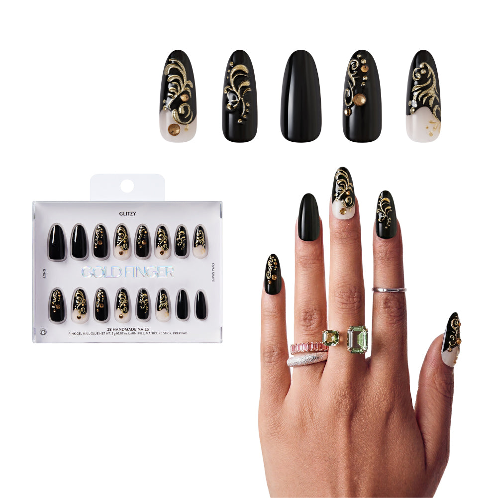 Gold Finger Glitzy 3D Press-On Nails in Kindly – Long Oval Fake Nails, Black & Gold Filigree with Rhinestones, Luxury Glue On Nails, 28 Pc Kit, main product view.