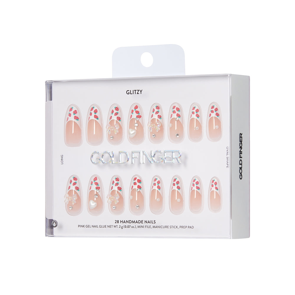 Gold Finger Glitzy 3D Press-On Nails in Promenade – Long Almond Fake Nails, Strawberry French with 3D Bows & Pearls, Luxury Glue On Nails, 28 Pc Kit product view.