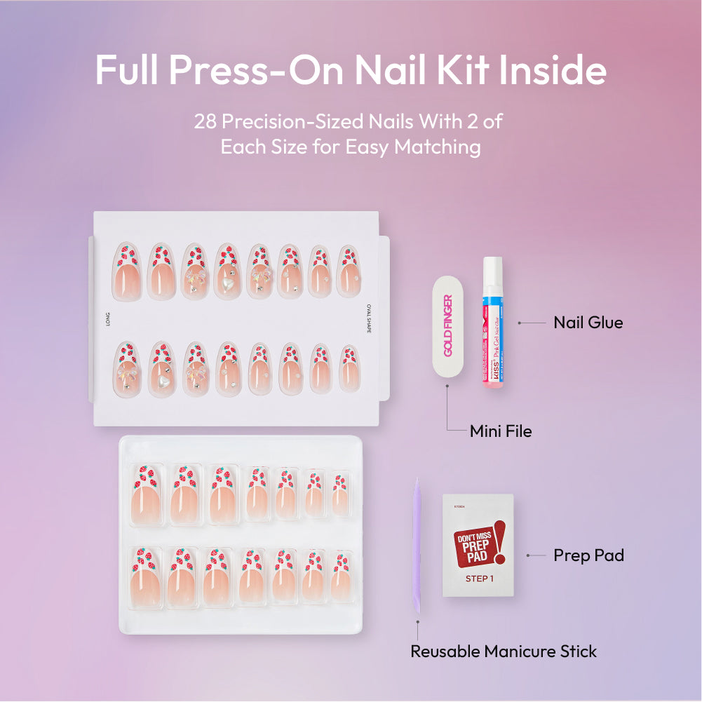 Gold Finger Glitzy 3D Press-On Nails in Promenade – Long Almond Fake Nails, Strawberry French with 3D Bows & Pearls, Luxury Glue On Nails, 28 Pc Kit product view.