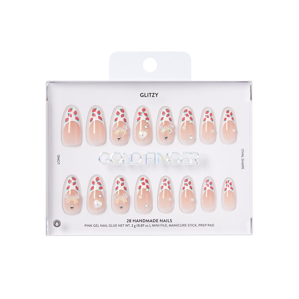 Gold Finger Glitzy 3D Press-On Nails in Promenade – Long Almond Fake Nails, Strawberry French with 3D Bows & Pearls, Luxury Glue On Nails, 28 Pc Kit, package front.
