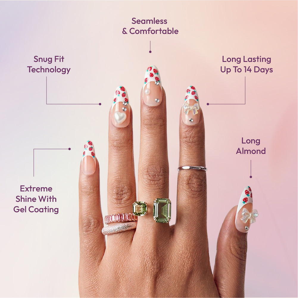 Gold Finger Glitzy 3D Press-On Nails in Promenade – Long Almond Fake Nails, Strawberry French with 3D Bows & Pearls, Luxury Glue On Nails, 28 Pc Kit product view.