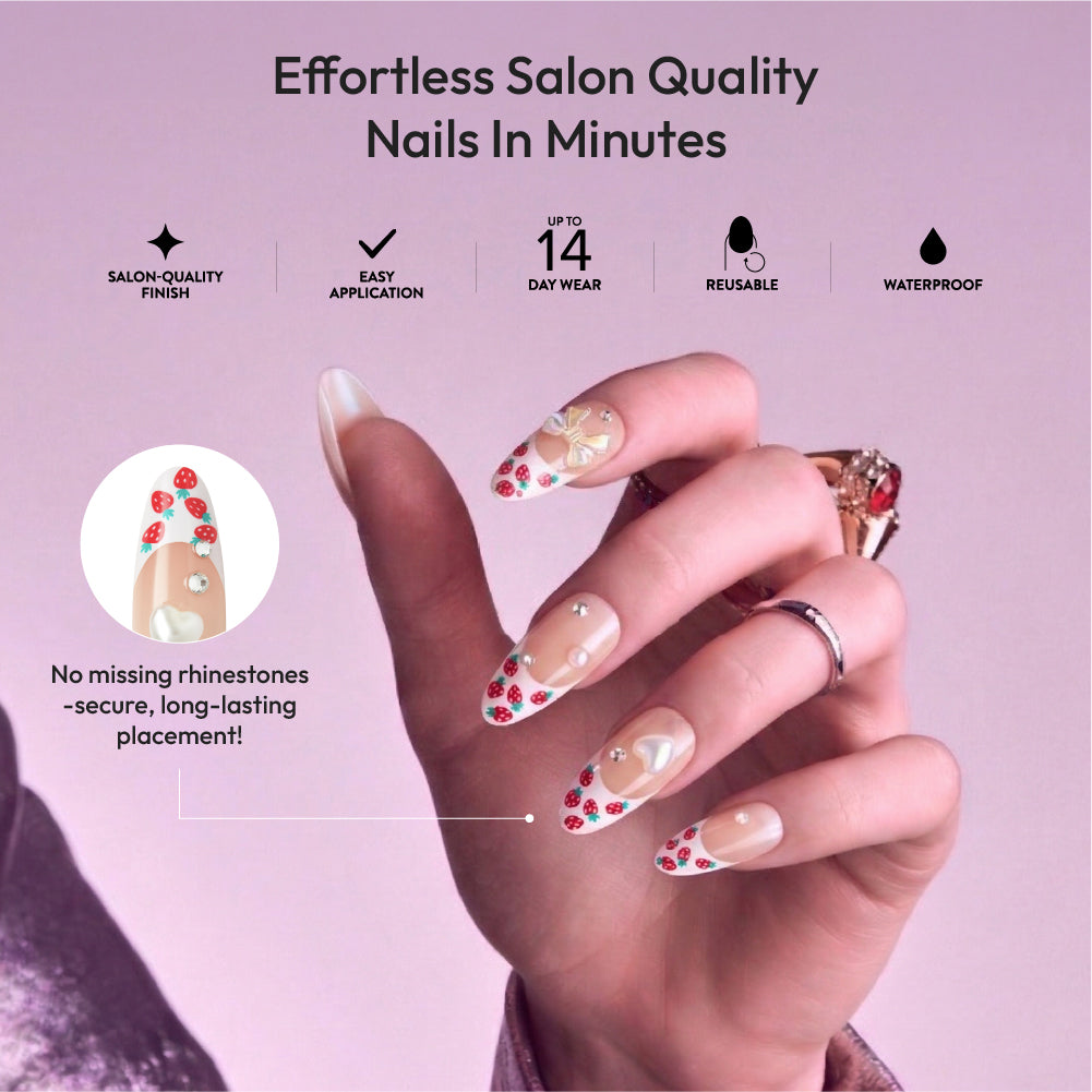 Gold Finger Glitzy 3D Press-On Nails in Promenade – Long Almond Fake Nails, Strawberry French with 3D Bows & Pearls, Luxury Glue On Nails, 28 Pc Kit product view.