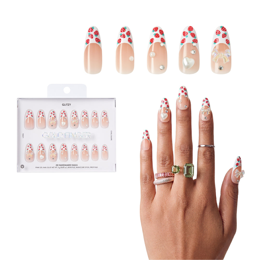 Gold Finger Glitzy 3D Press-On Nails in Promenade – Long Almond Fake Nails, Strawberry French with 3D Bows & Pearls, Luxury Glue On Nails, 28 Pc Kit, main product view.
