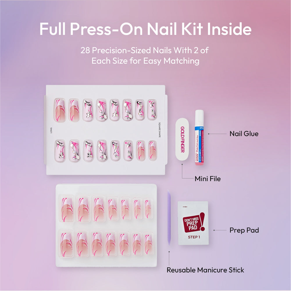 Gold Finger Glitzy 3D Press-On Nails in Modiste – Long Square Fake Nails, Pink Swirls & 3D Rhinestones, Luxury Glue On Nails, 28 Pc Kit product view.