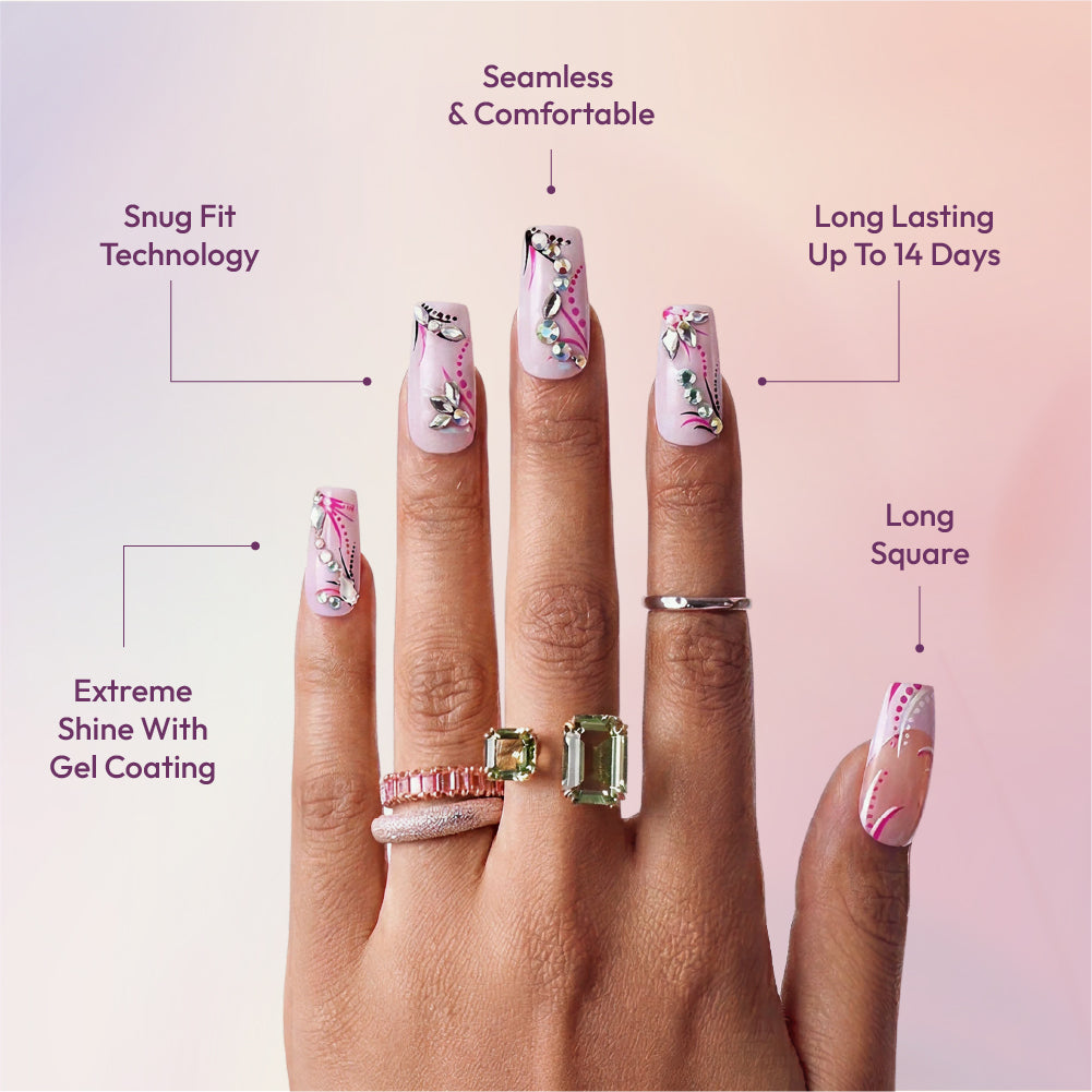 Gold Finger Glitzy 3D Press-On Nails in Modiste – Long Square Fake Nails, Pink Swirls & 3D Rhinestones, Luxury Glue On Nails, 28 Pc Kit product view.