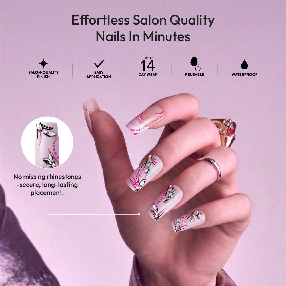 Gold Finger Glitzy 3D Press-On Nails in Modiste – Long Square Fake Nails, Pink Swirls & 3D Rhinestones, Luxury Glue On Nails, 28 Pc Kit product view.