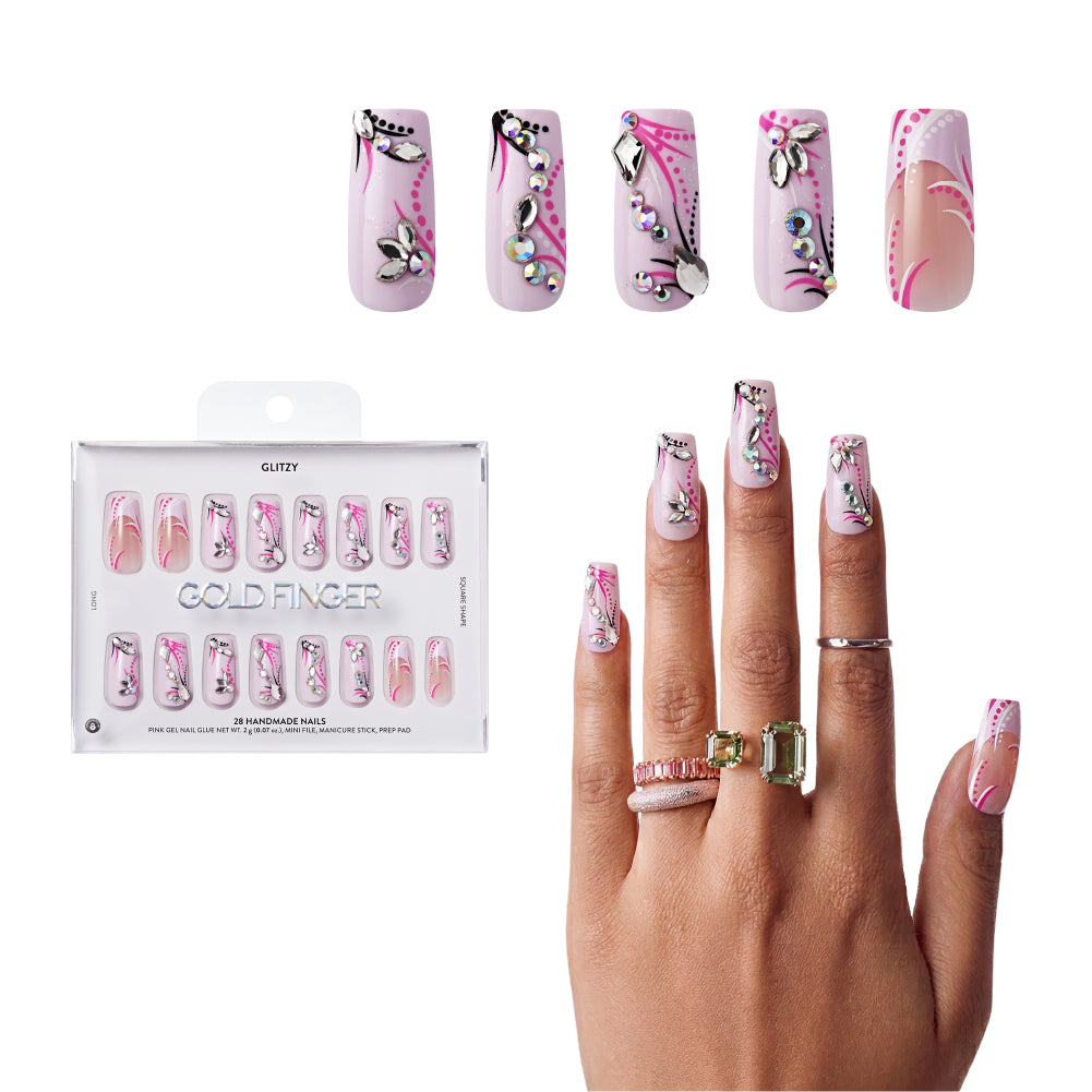 Gold Finger Glitzy 3D Press-On Nails in Modiste – Long Square Fake Nails, Pink Swirls & 3D Rhinestones, Luxury Glue On Nails, 28 Pc Kit, main product view.
