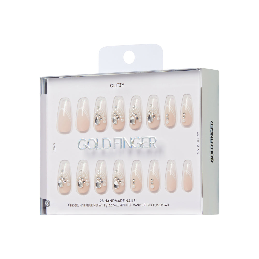 Gold Finger Glitzy 3D Press-On Nails in Amiable – Long Coffin Fake Nails, Pearl & Rhinestone White Swirls, Luxury Glue On Nails, 28 Pc Kit product view.