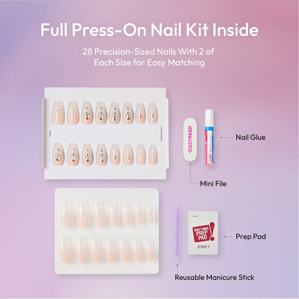 Gold Finger Glitzy 3D Press-On Nails in Amiable – Long Coffin Fake Nails, Pearl & Rhinestone White Swirls, Luxury Glue On Nails, 28 Pc Kit product view.
