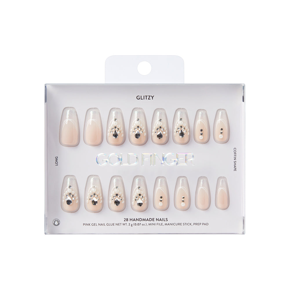 Gold Finger Glitzy 3D Press-On Nails in Amiable – Long Coffin Fake Nails, Pearl & Rhinestone White Swirls, Luxury Glue On Nails, 28 Pc Kit, package front.